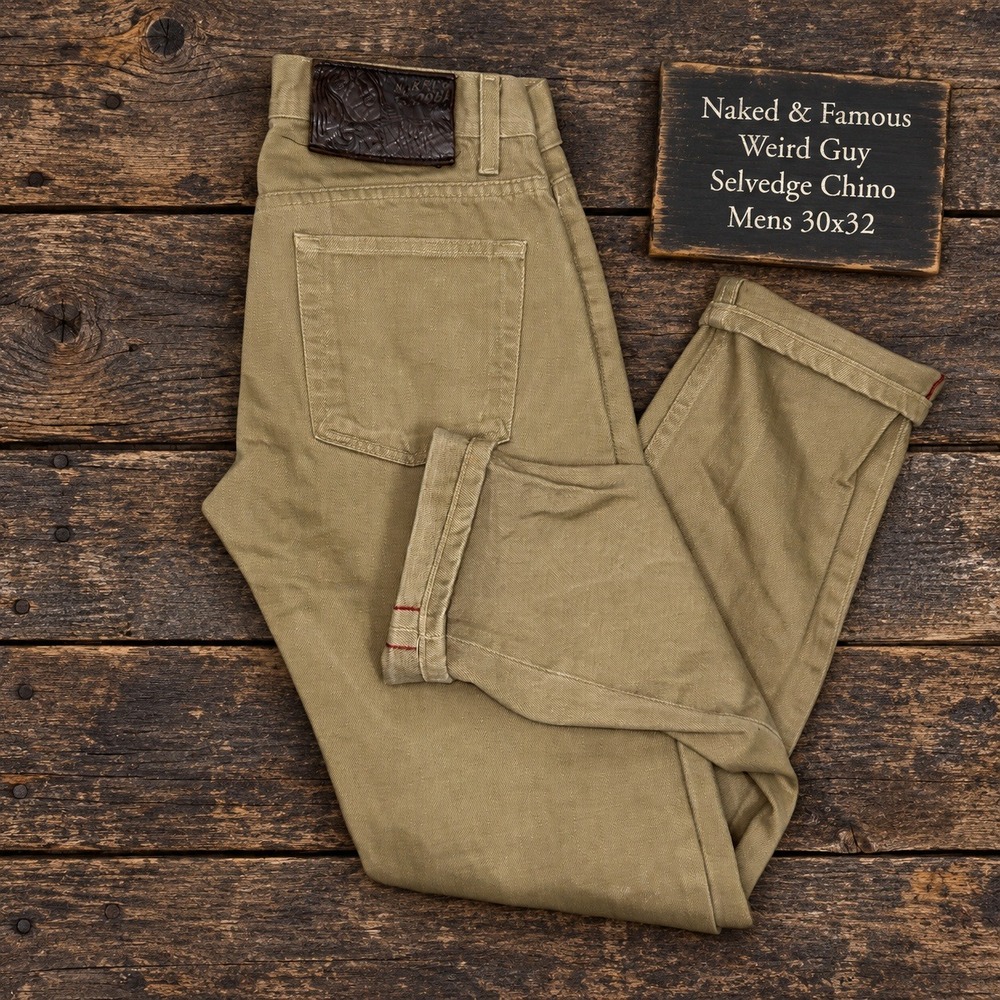 Naked & Famous Weird Guy Selvedge Chino Mens 30x32 Khaki Tan Slim Tapered Jeans
